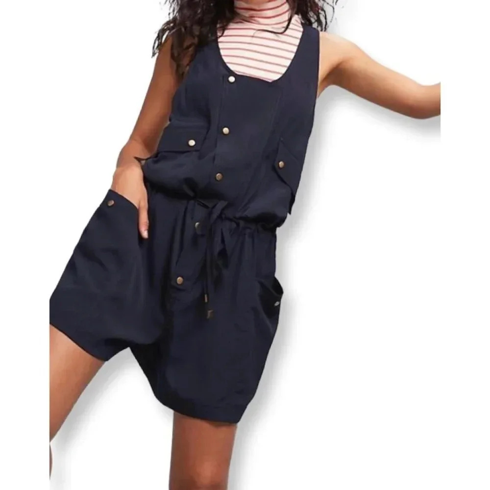elevenses Navy Sleeveless Drawstring Romper with Button Details